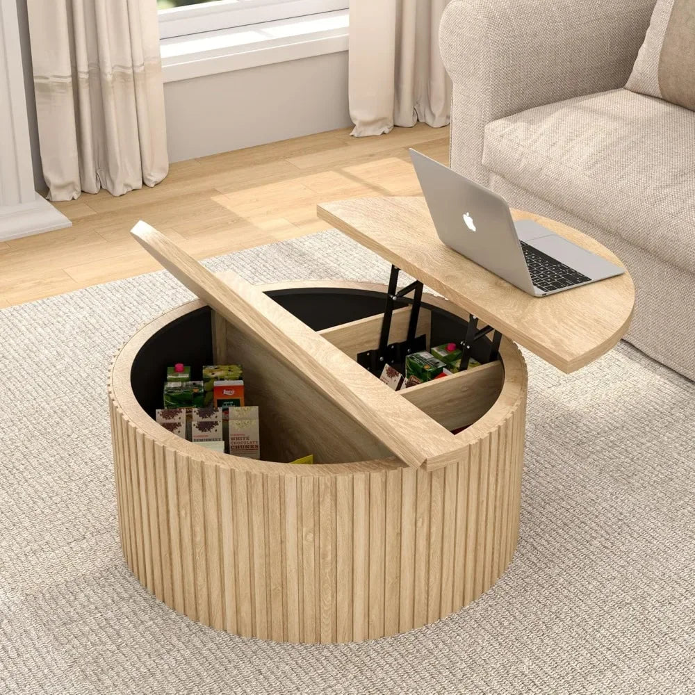 Lift Top Coffee Table with Storage, Round Coffee Tables for Living Room, 34.6'' Farmhouse Fluted Coffee Table, Wood Center Table