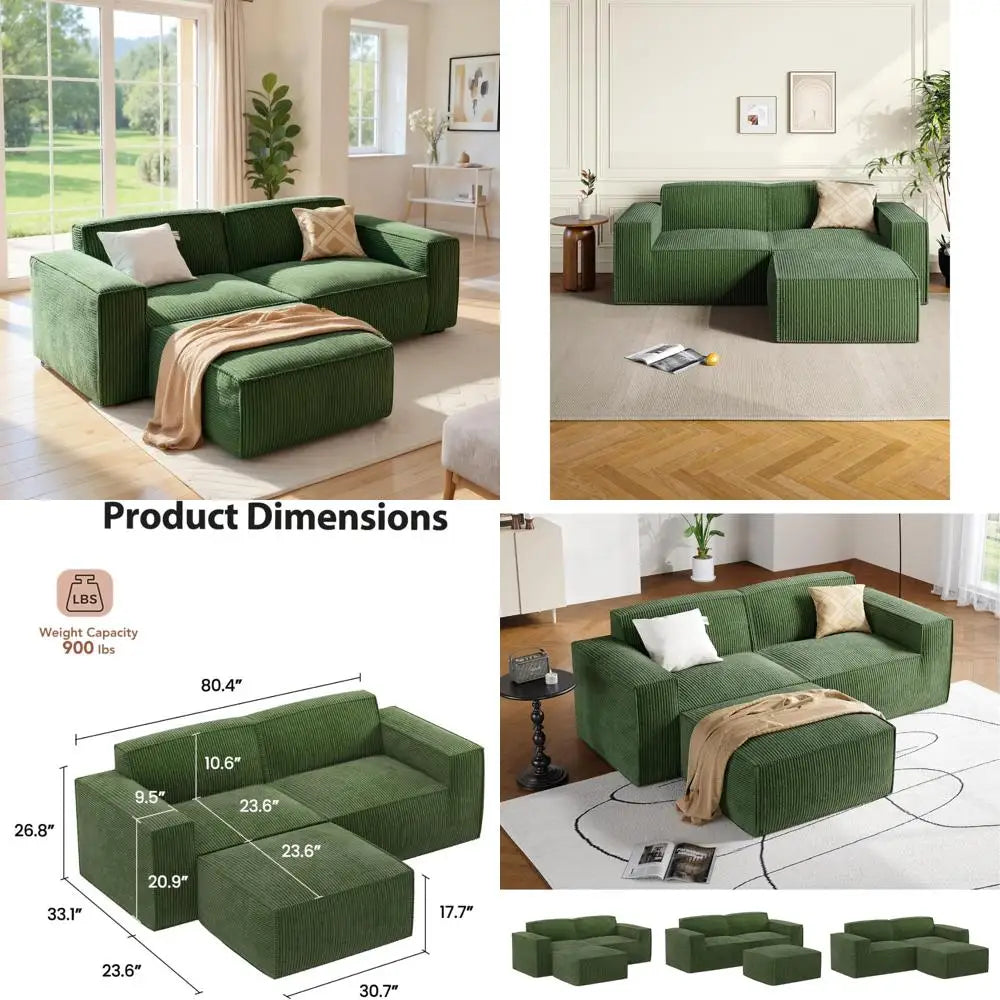 80 Inch Sectional Sofa with L-Shape Chaise, Plush Corduroy Cloud-Like Seating, High-Back Upholstered Living Room Furniture