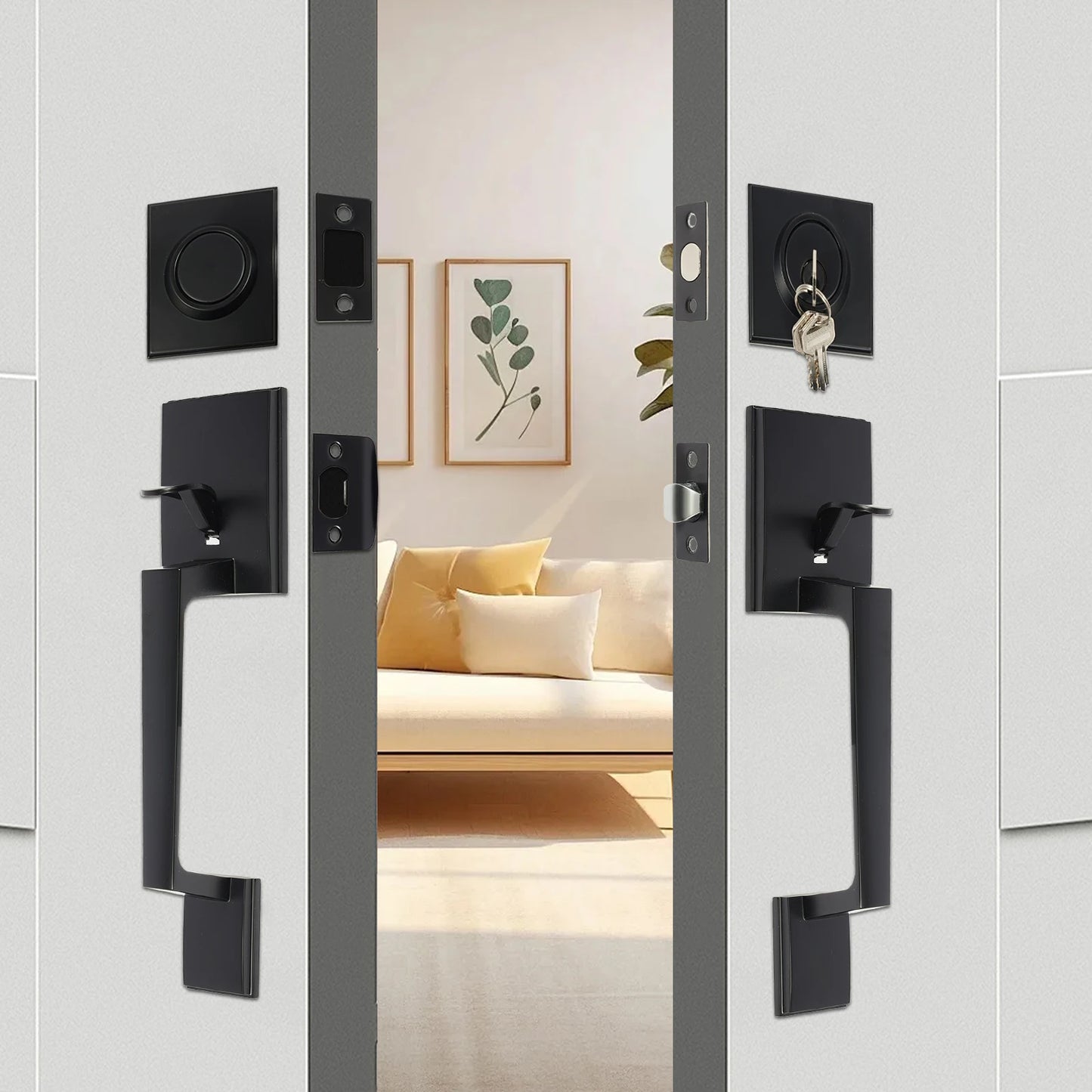 Door Lock Security-protection Double Front Door Lock Set Door Handle Door Lock with Keys Door Set with Reversible Handle Lever