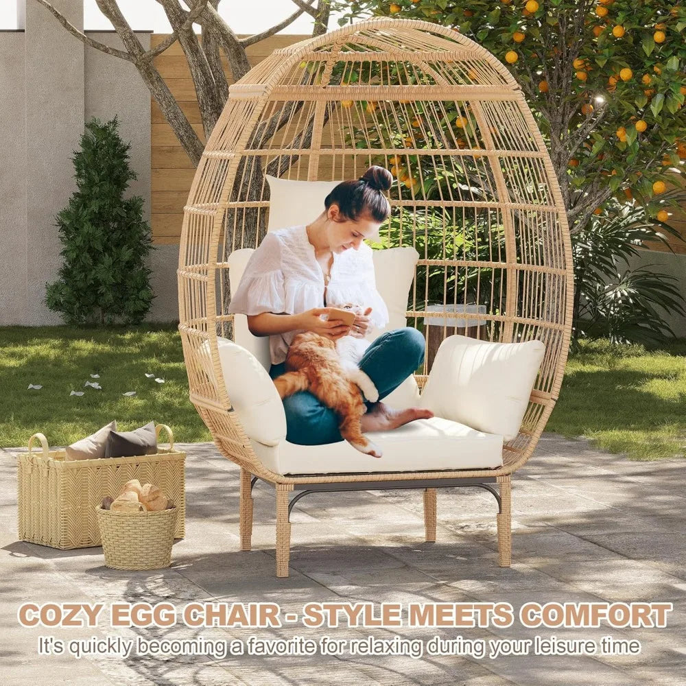 500 Pounds Capacity Oversized Wicker Egg Chair All Weather Rattan Egg Lounge Chairs for Patio Backyard Living Room Outdoor Use
