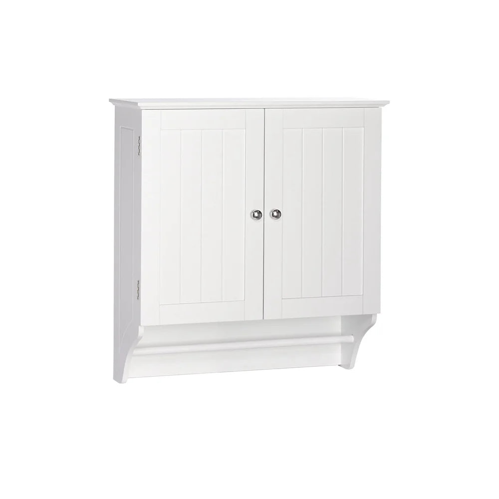 Two Door Wall Mount Bathroom Cabinet Storage with Towel Bar Mirrored Knobs Medicine Cabinet Laundry Room Organizer White