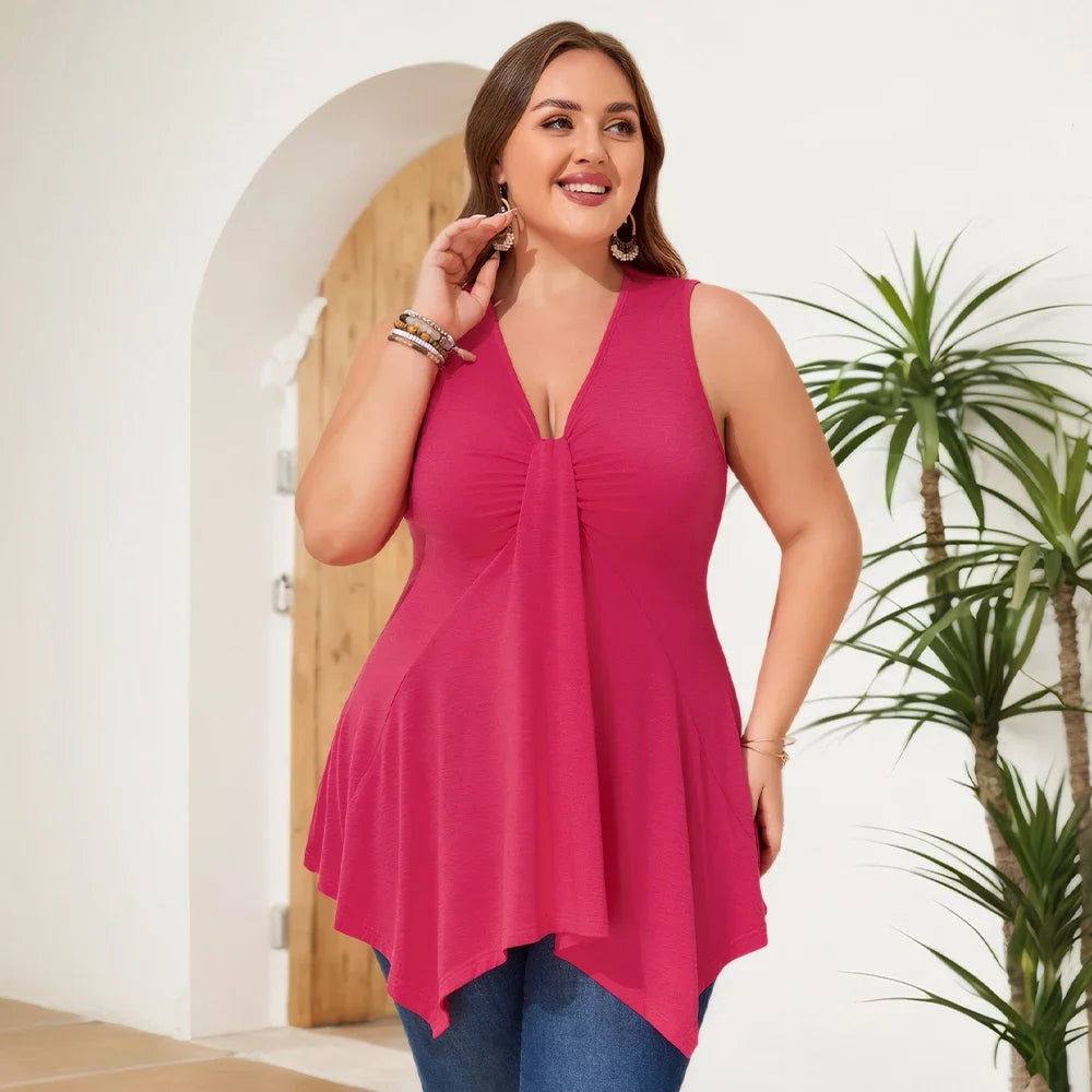 Plus Size Women's Solid V-Neck Tank Vest Pleated Tunic Tops Summer Ladies Holiday Beach Vacation Cami Camisole Size 1XL-6XL