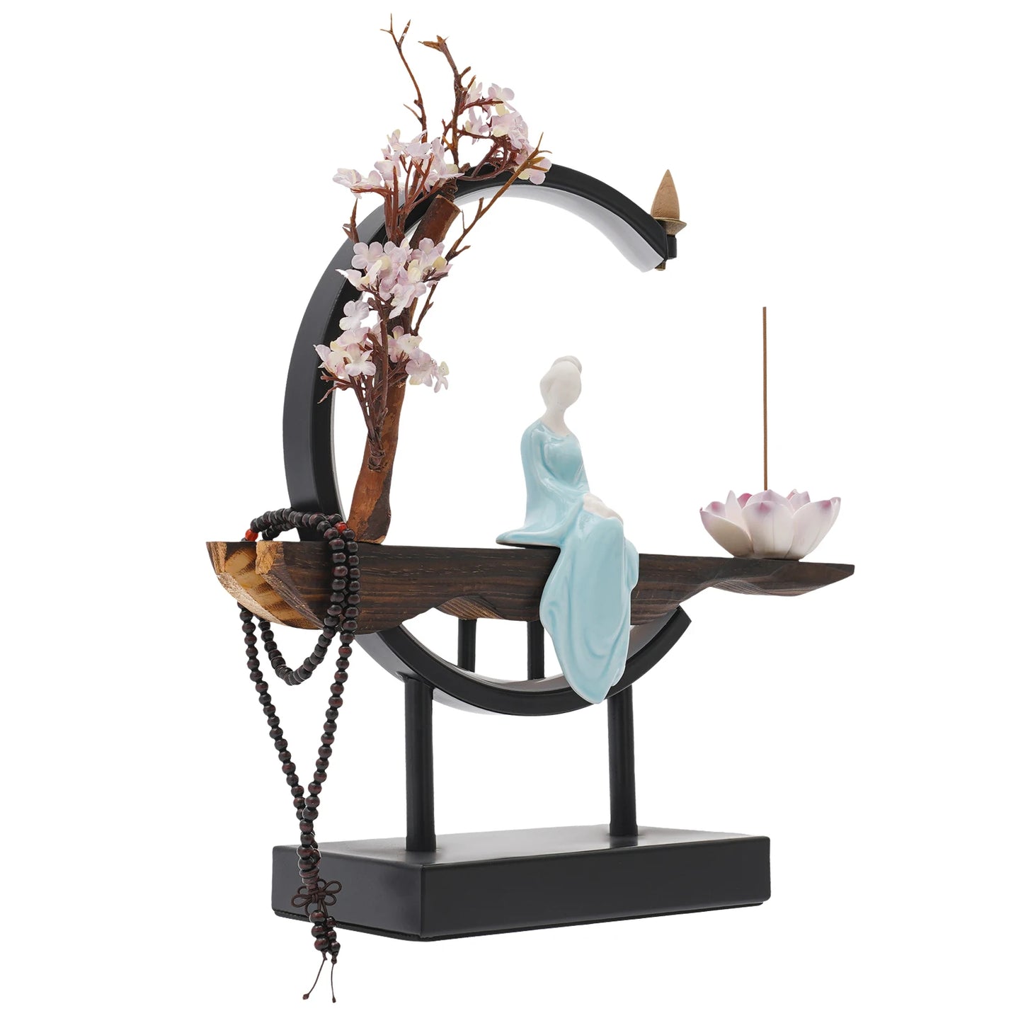 Backflow Incense Burner, Ceramic Peach Blossom Design, LED Light, Stress Relief, Meditation, Home Décor