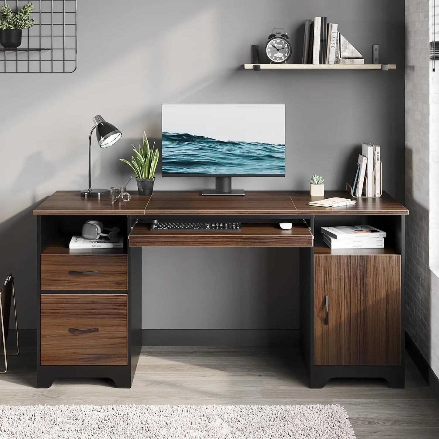 59" Executive Desk with 2 Drawers, Computer Desk with Storage Cabinet, Industrial Wood Design with File Drawer – Office-Ready Wo