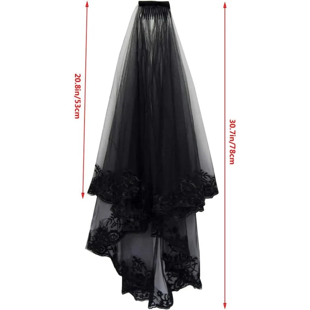 jiebor Black Lace Veil Bridal Wedding Veils Halloween Veil With Comb and Gloves