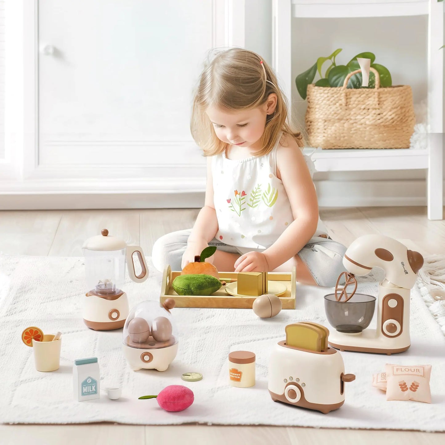 ROBOTIME Wooden Toy Kitchen Set Play Kitchen Blender with Realistic Sounds Play Kitchen Accessories Toy Food Set for Toddlers