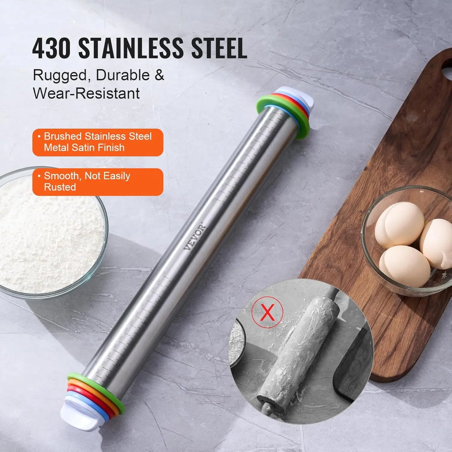 Adjustable Rolling Pin Stainless Steel Dough Roller with Thickness Rings and Pastry Baking Nonstick Mat Set
