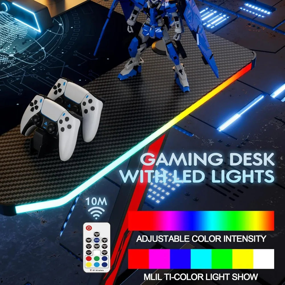 Gaming Computer Desk with Carbon Fiber Surface, Gaming Table Z Shaped PC Home Office with Cup Holder&Headphone Hook