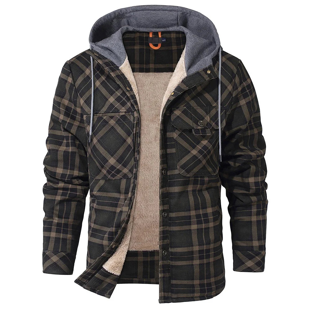 Men's Jackets Winter Hooded Warm Coat Casual Thicken Plaid Work Flannel Snap Sherpa Lined Fleece Clothing US Size