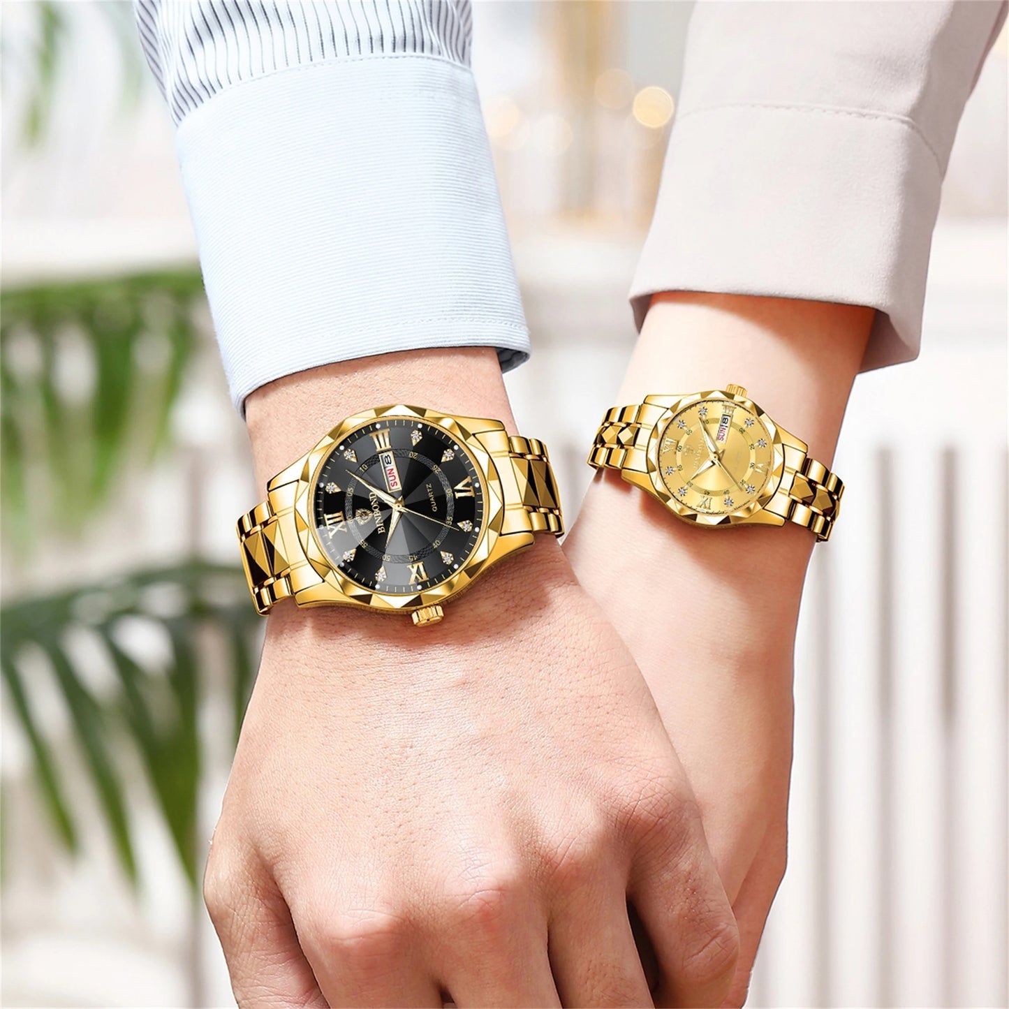 2pcs/set Couple Watches for Men and Women 316 Stainless Steel Strap Gold and Silver Blue dial English Week Calendar Date Display