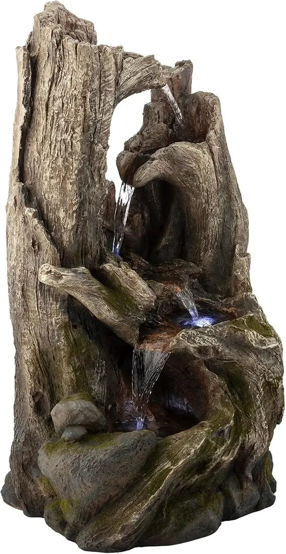 WIN786 4 Tier Rainforest Tree Trunk Waterfall Fountain with LED Lights Outdoor Garden, Patio, Yard and Porch Decor, 40"H