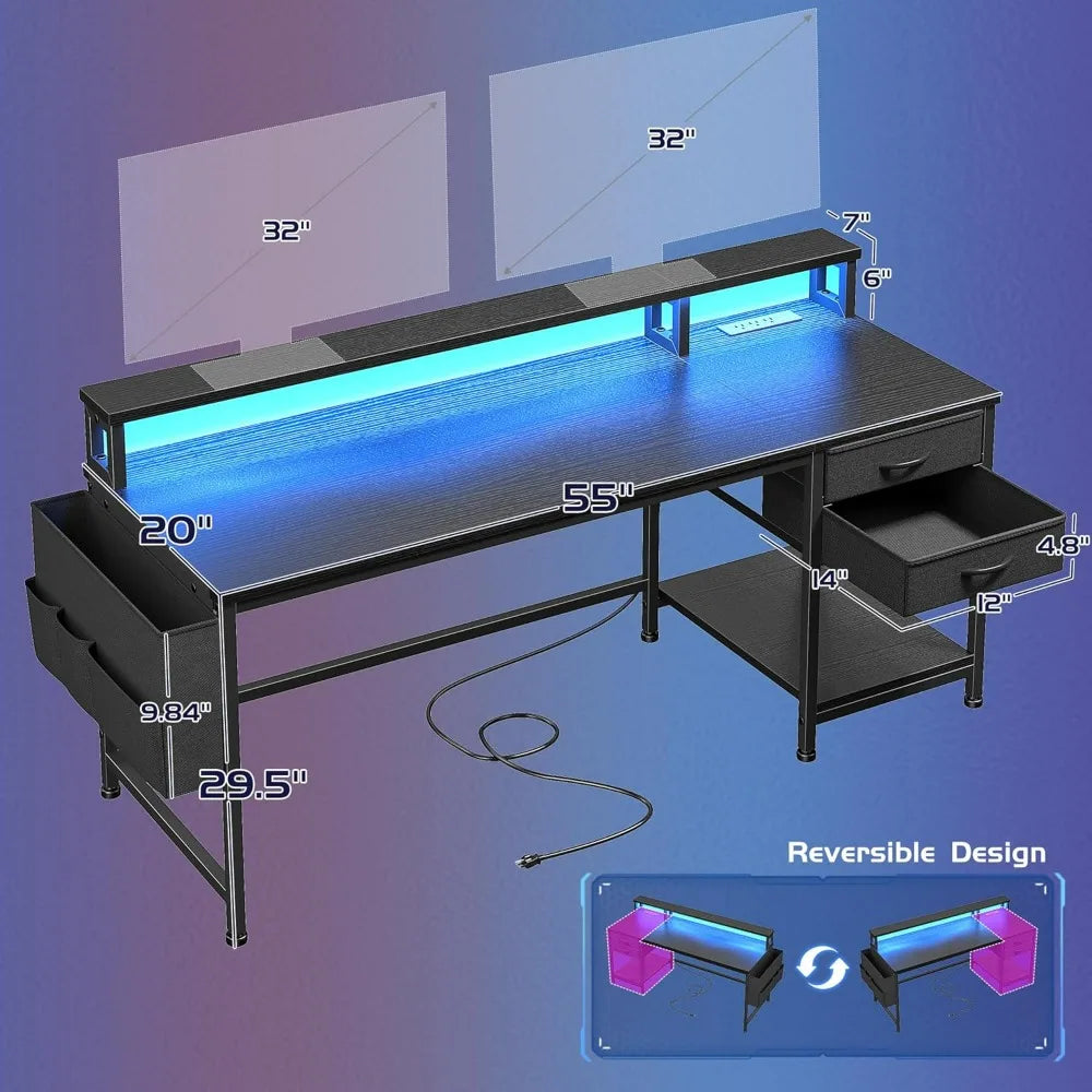 Computer Desk with Drawers & Storage Bag, Office Desks with Power Outlets & Monitor Stand, Home Office Desks for Bedroom