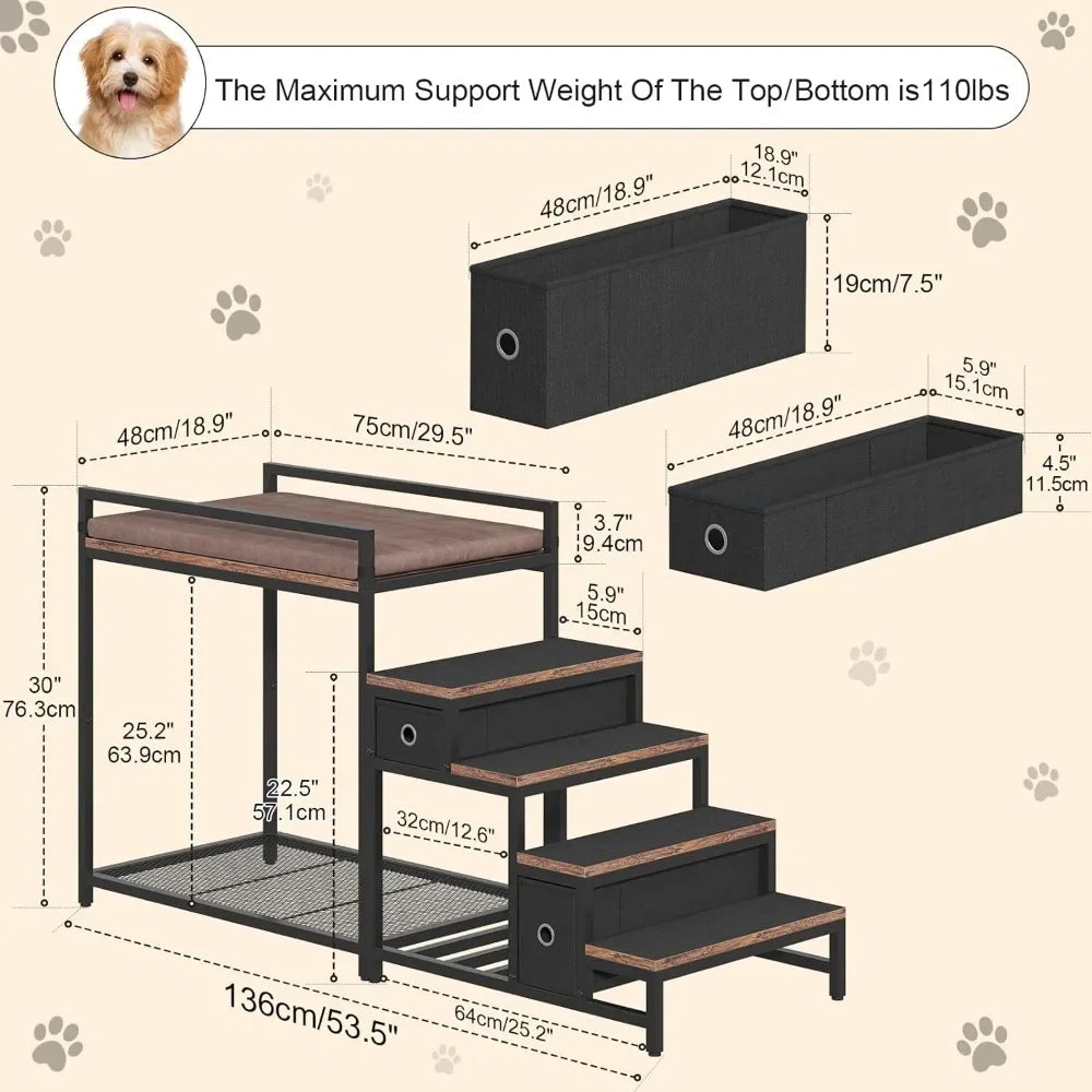 Pet Bunk Bed with Stairs & Storage, Multi-Level Elevated Dog & Cat Bed with Window Perch & Bedside Lounge