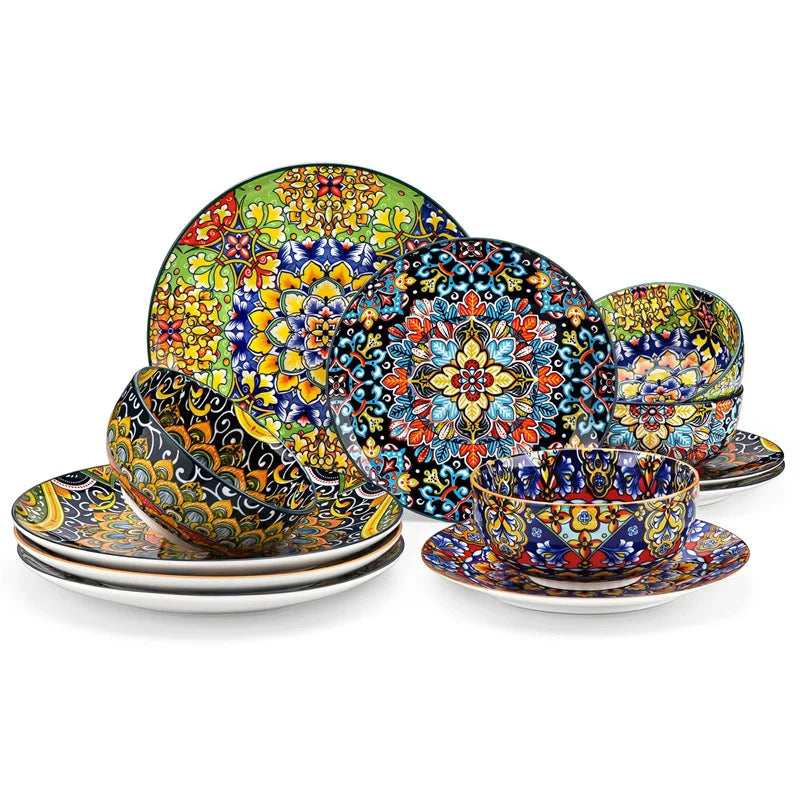 12Pcs Bohemian Style Ceramic Dinnerware Set Plates and Bowls For 4 Dinner Tray Dessert Plate/Cereal/Pasta Bowl Kitchen Tableware