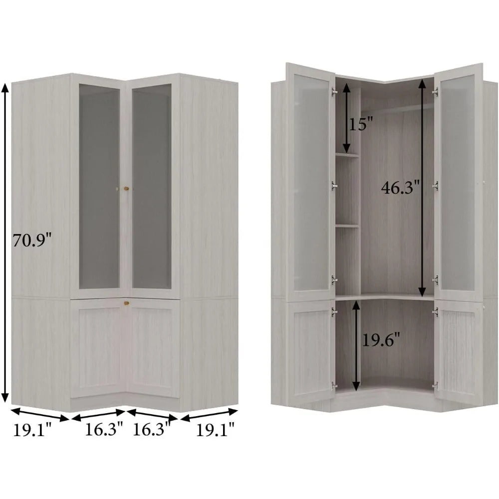 Corner Wardrobe Closet with 2 Glass Doors, Armoire Wardrobe Closet with Hanging Rod, for Bedroom Wood Grain (16.3+19.1”W x 19.1