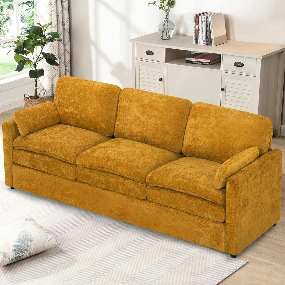 Chenille Soft Sofa w/Well-Filled Backrests, Modern Couch w/Plump Pillows, 3 Seater Upholstered Couch w/Thick & Comfy Cushions