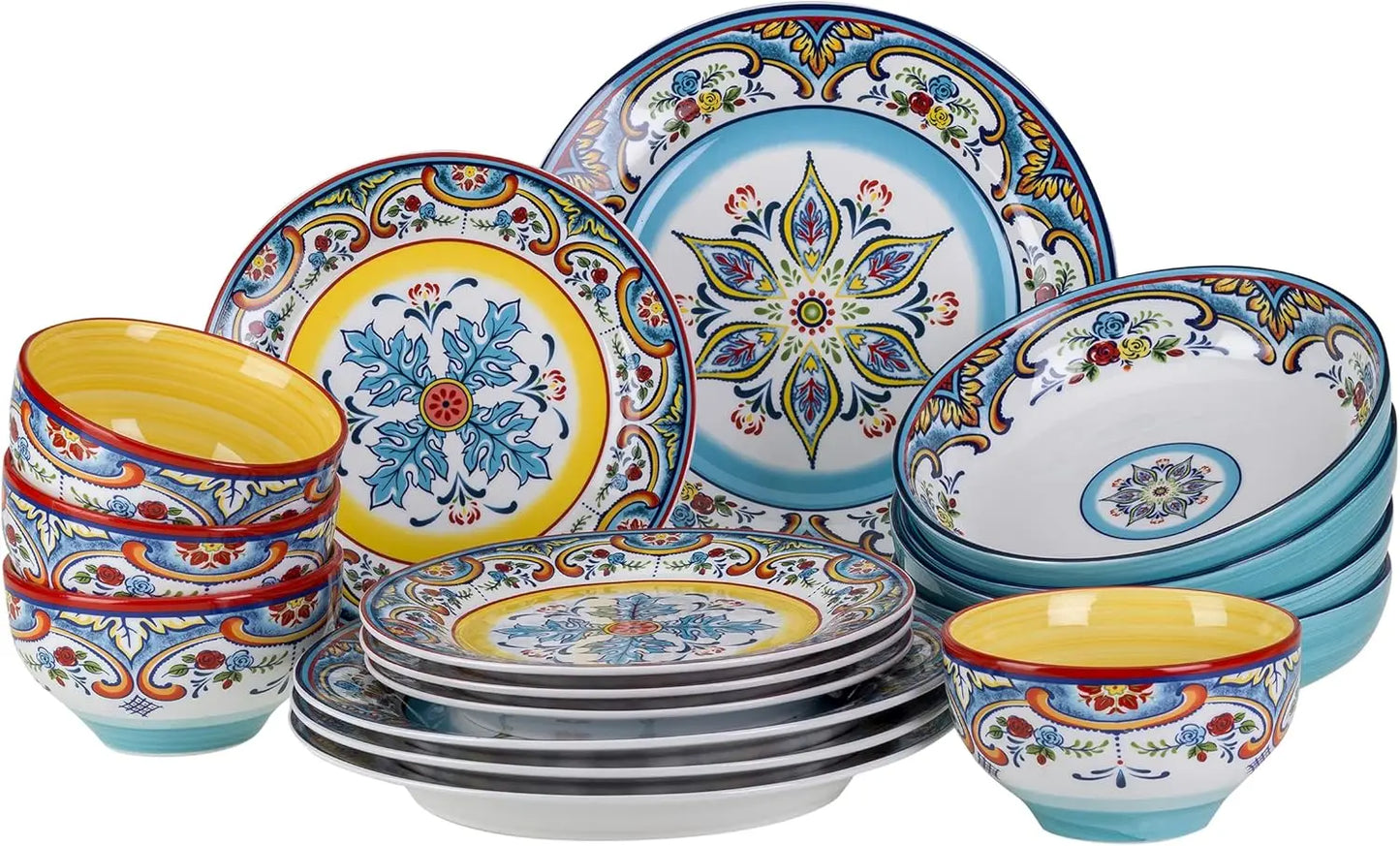 Zanzibar Double Bowl 16-Piece Dinnerware Set | Fine Kitchenware | Floral Multicolor Design Stoneware Tableware Service For 4