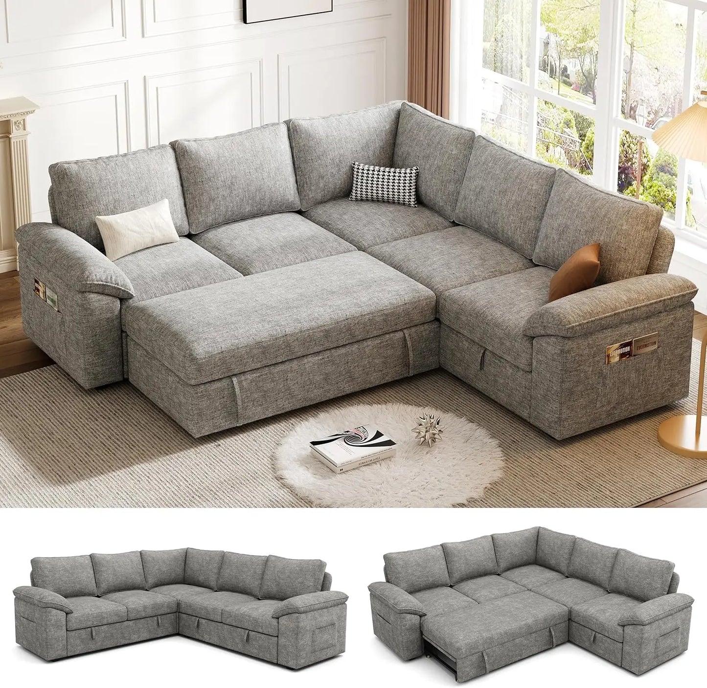 108 Inch Sectional Sleeper Sofa with Pull Out Bed, U Shaped 7 Seat Modular Sectional Sofa with Storage, Sectional Couches for Li