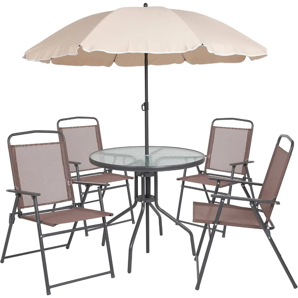 EMMA + OLIVER 6 Piece Brown Patio Garden Set with Umbrella Table and Set of 4 Folding Chairs