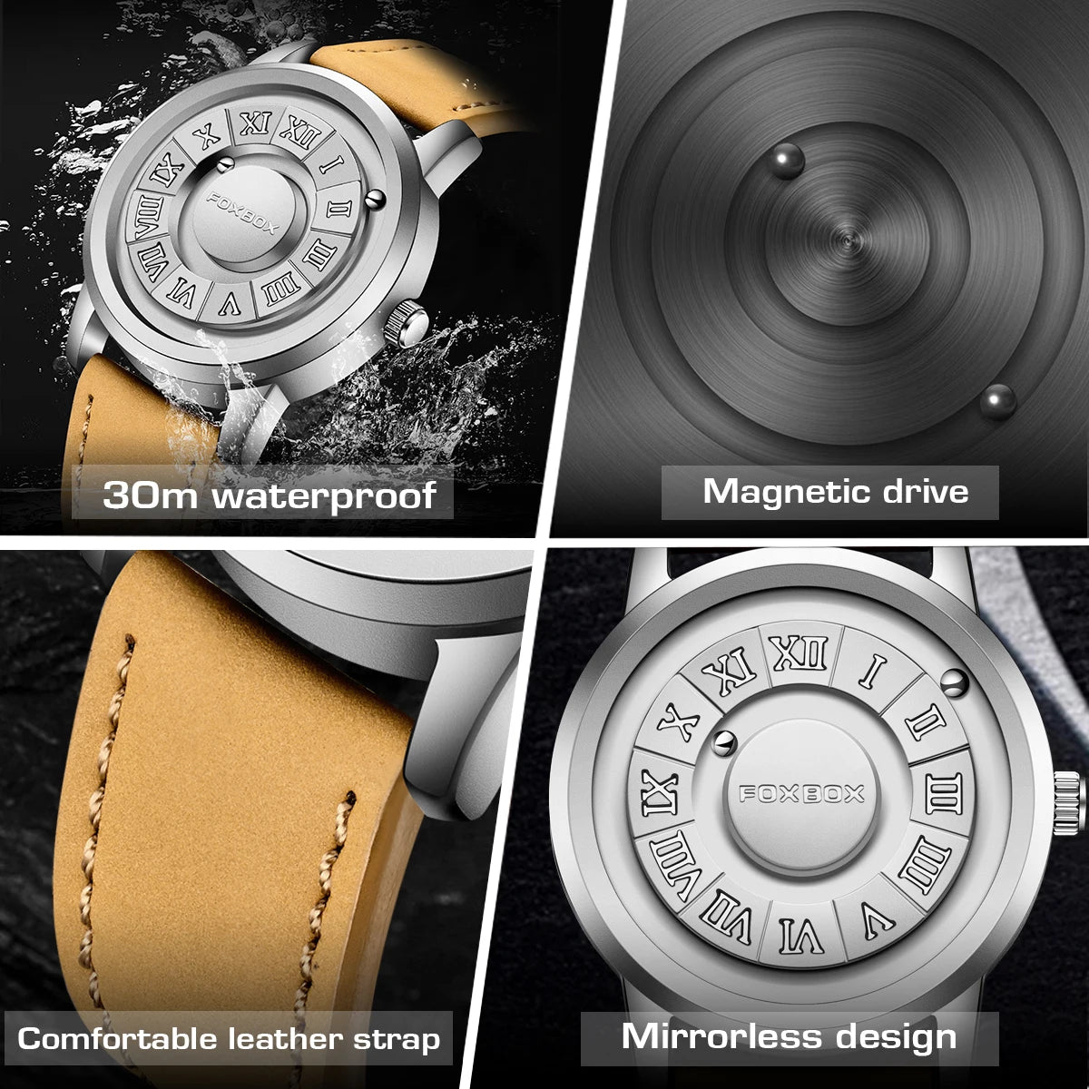 FOXBOX Men's Quartz Watch Fashion Personality Creative Scrolling Iron Ball Magnetic Pointer Waterproof for Male Watches Gift+Box