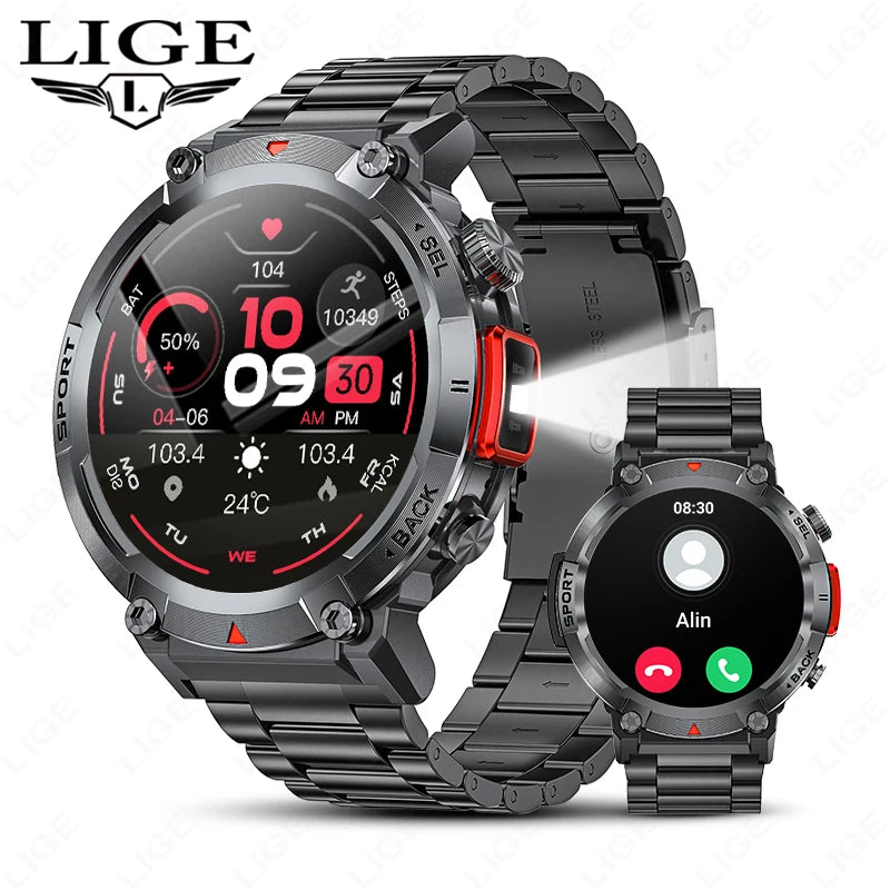 LIGE Smart Watch 3ATM Waterproof Original Design For Men Bluetooth Call Health Monitor With Flashlight 100+ Sports Modes Watches