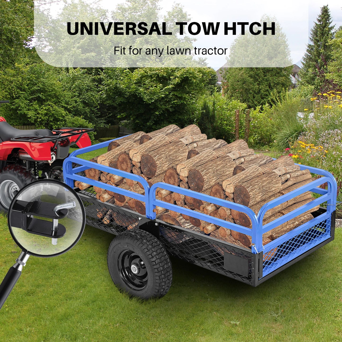 Roomark ATV UTV Trailer Tow Behind Dump Cart w/ Removable Sides 1500lb 15 Cubic Heavy Duty Garden Trailer for Lawn Mower Tractor