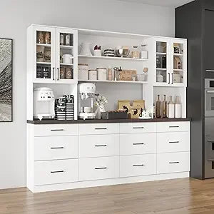 Large Garage Storage System with 12 Drawers, 94.5" W Glass Doors Workshop Cabinet Set with Thicken Countertop, Utility Bookshelf