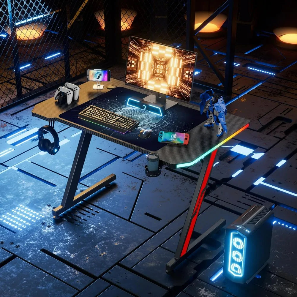 Gaming Computer Desk with Carbon Fiber Surface, Gaming Table Z Shaped PC Home Office with Cup Holder&Headphone Hook