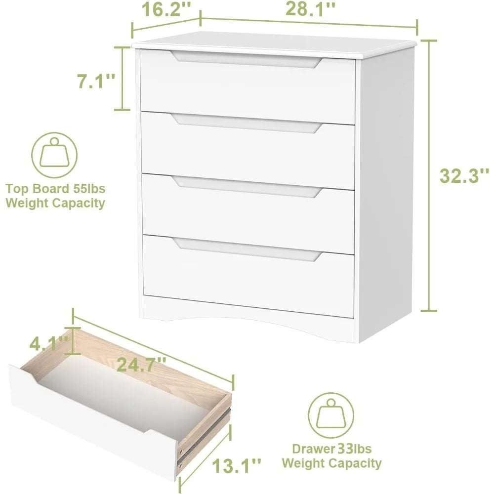 4 Drawer Dresser for Bedroom, Sturdy White Chest of Drawers with Anti-Tip Device, Modern Large Capacity Storage Furniture for C