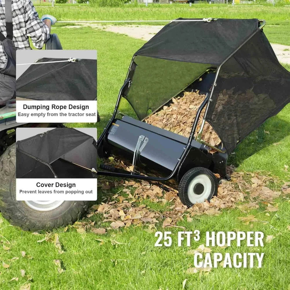 Lawn Sweeper Tow-Behind, 42 in 12 Cu. Ft. Leaf & Grass Collector with Strong Rubber Wheels & Heavy Duty Thickened Steel Frame He