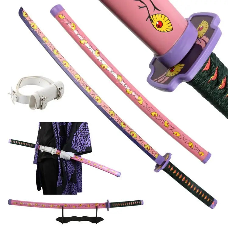 104cm Demon Slayer Katana Sword Kimetsu no Yaiba Wooden Cosplay Anime Weapon Sword Toy Katanas with Display Stand and Belt