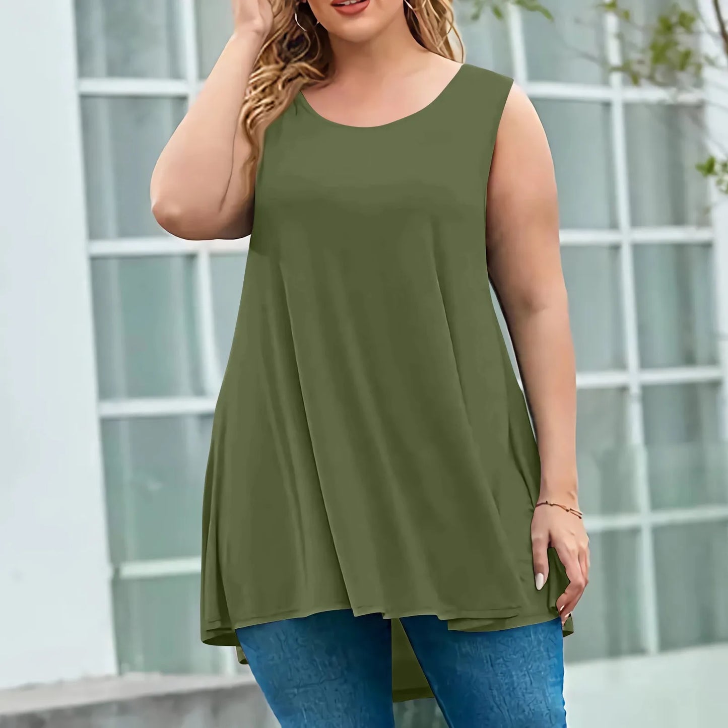 Plus Size Tanks & Camis women's fashion summer round neck sleeveless casual solid color loose pullover top plus size vest tops