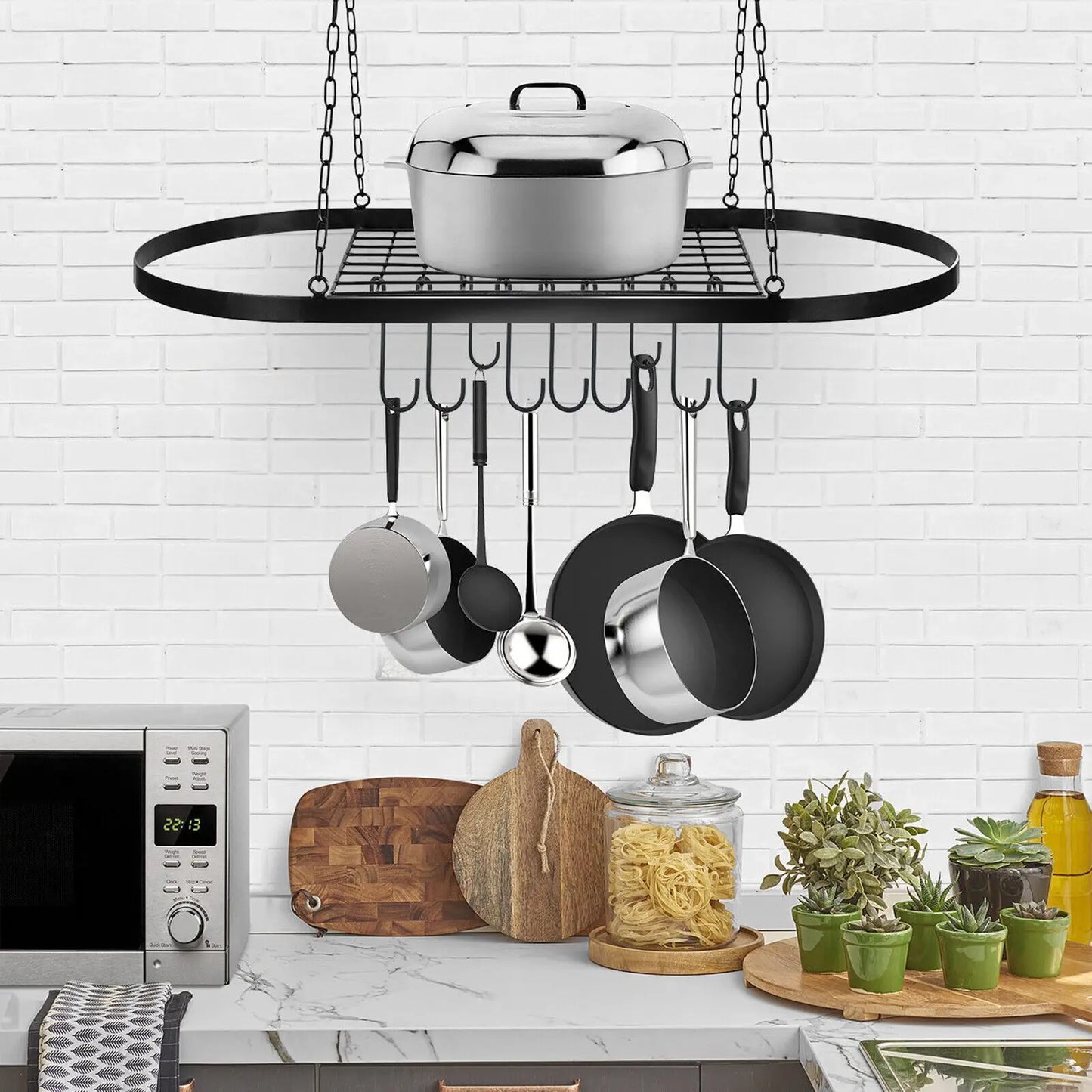 Pot & Pan Rack Ceiling Mounted kitchenware Holder Hanging Storage Shelf w/10Hook