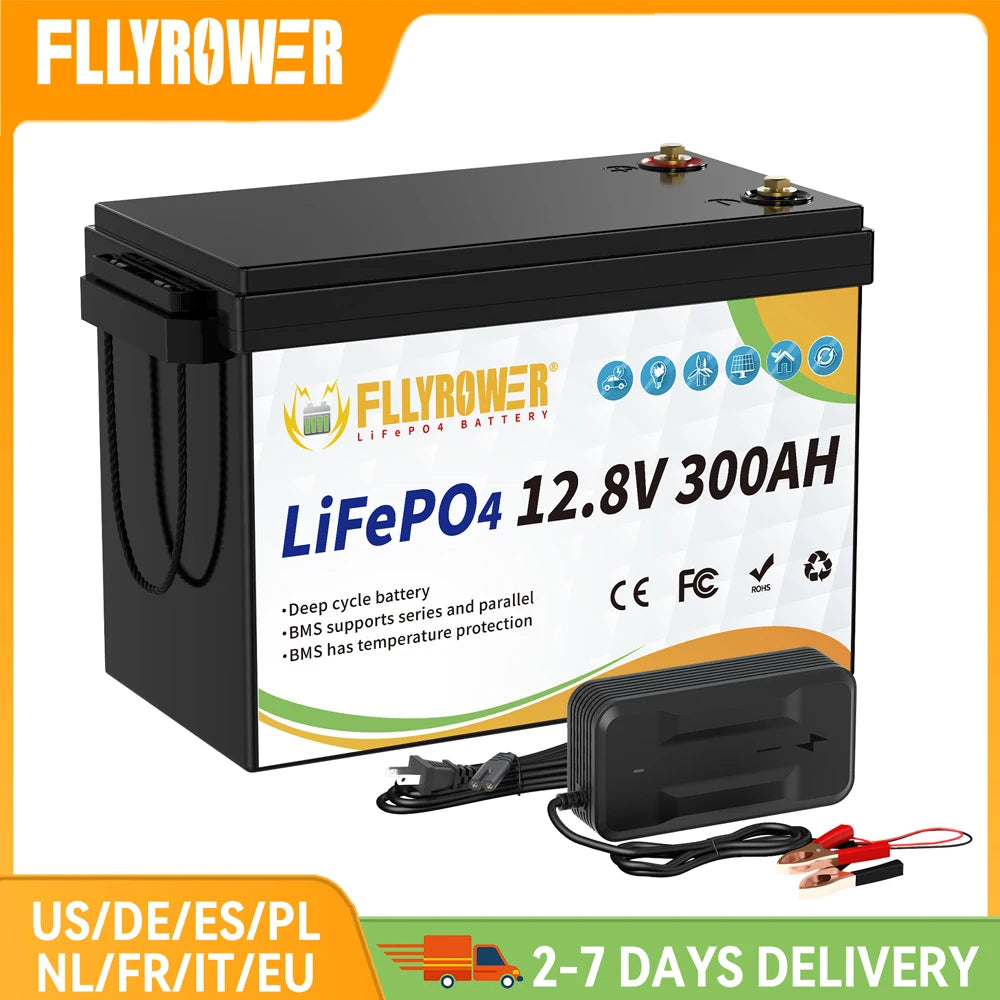 FLLYROWER 12V 300Ah LiFePO4 Lithium Battery Packs With 200A BMS LiFePO4 Battery For RV Boat Motor Solar Battery 8000+ Cycles