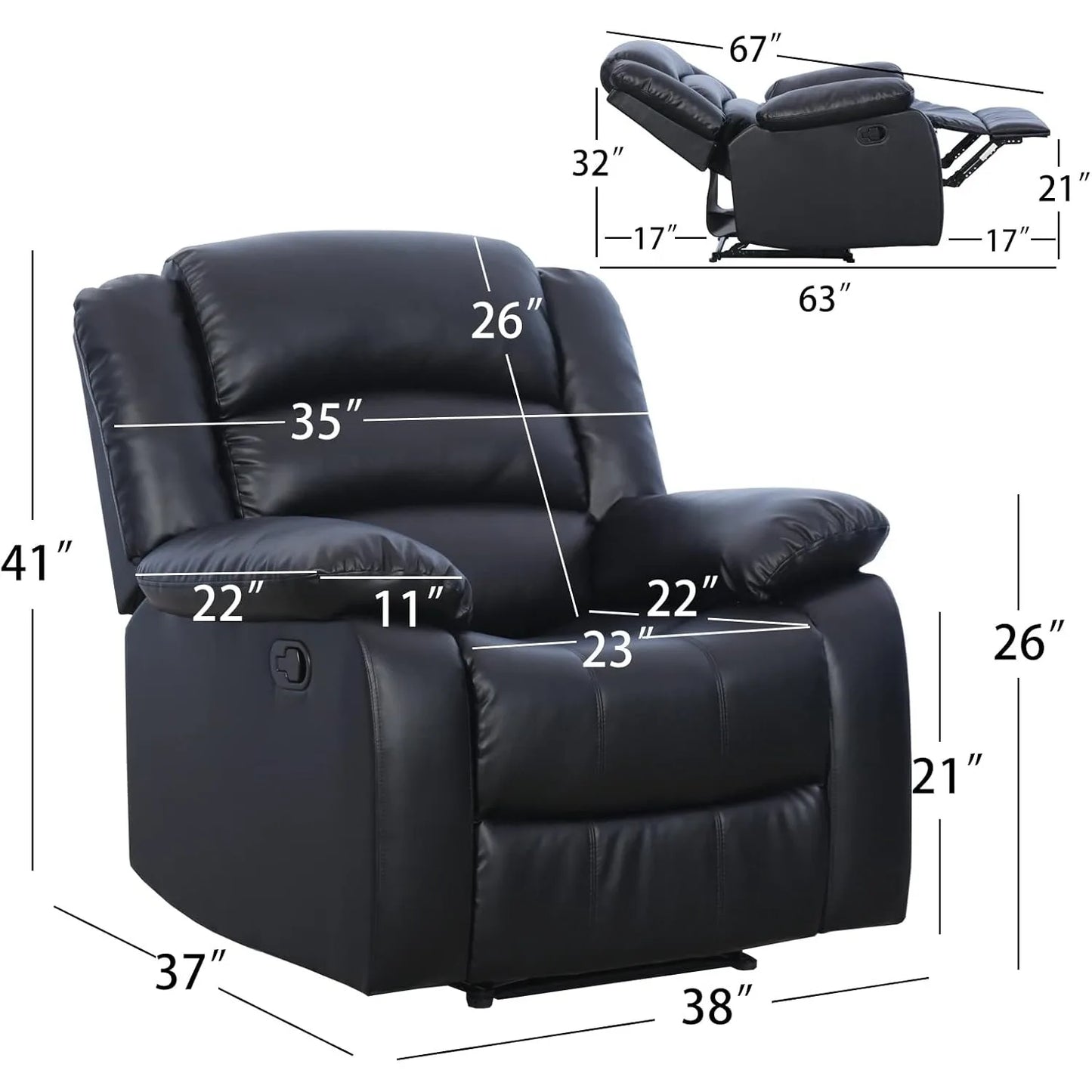 Black Recliner Chair with Overstuffed Arm and Back, Breathable Faux Leather Manual Reclining Chairs