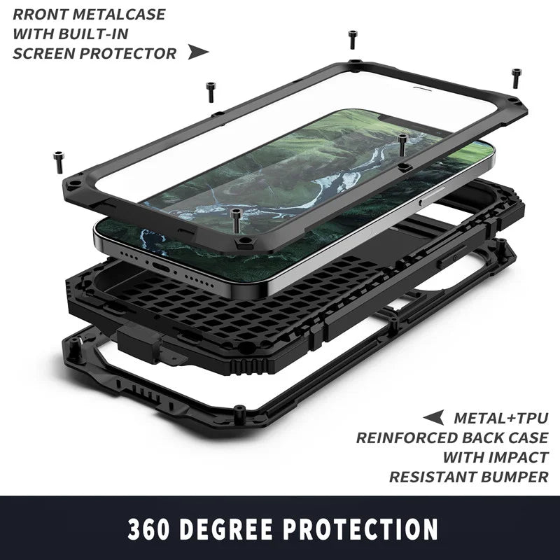 Heavy Duty Armor Military Aluminum Metal Case For iPhone 16 Plus 16 Pro Max Hard Cover Tempered Glass Screen Protector Flim