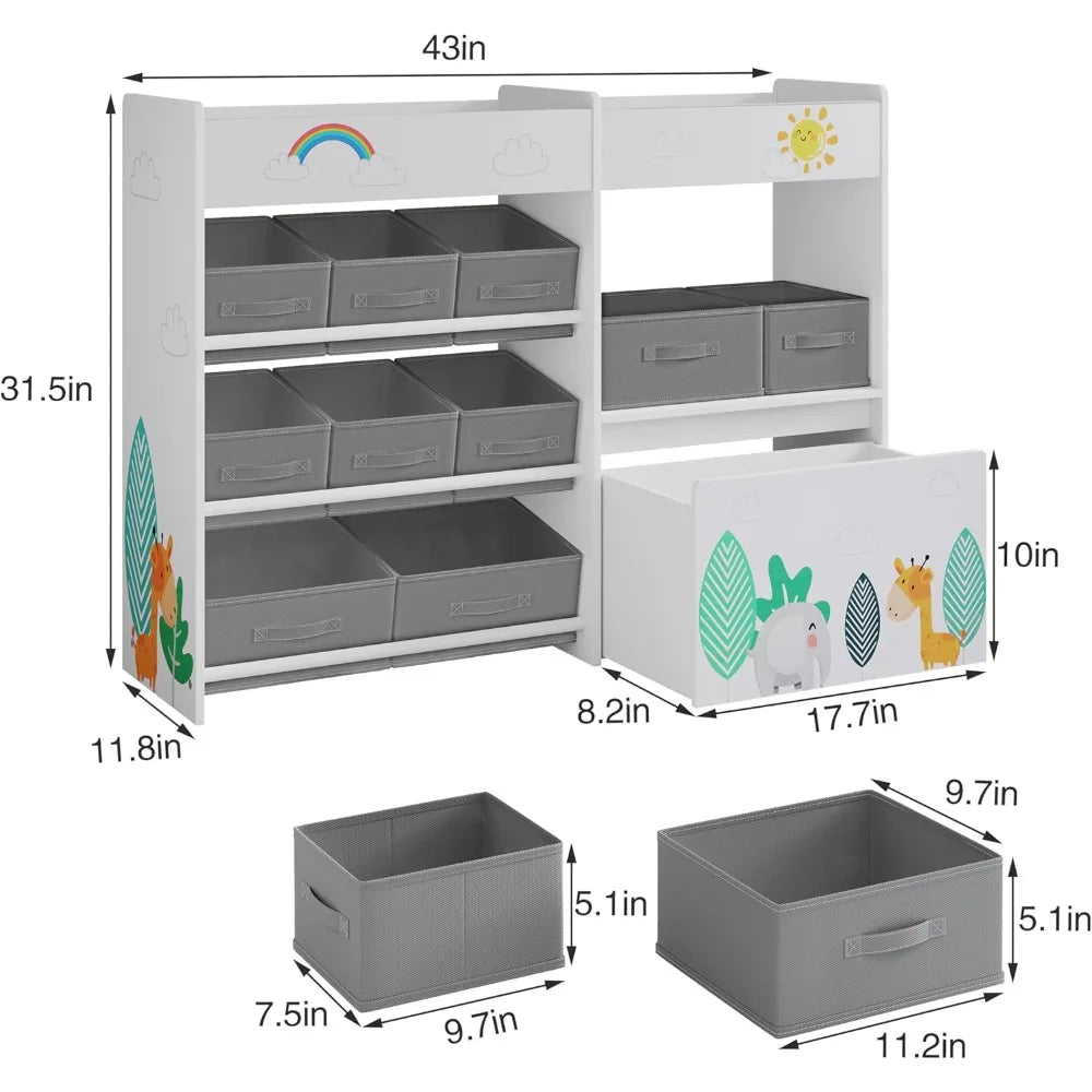 Toy Storage Organizer, Toddler Wooden Kid Bookshelf with 10 Fabric Bins and Movable Toy Chest, 4-Tier Toy Storage Cabinet for Pl