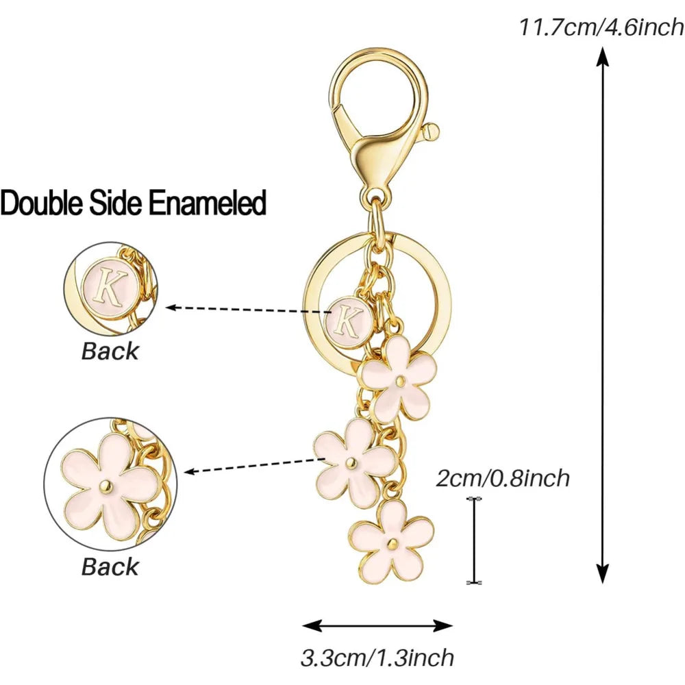 Initial Keychain White/Pink Flower Charms Key Cute Letter Keyring For Handbag Backpack