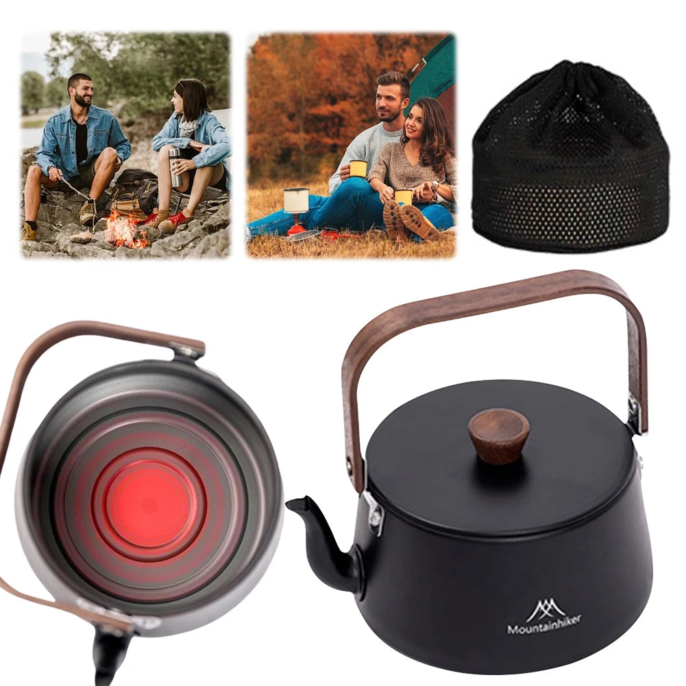 1.1L Camping Water Kettle with Wood Handle Teapot Coffee Pot Aluminum Alloy Ultralight Outdoor Kettle Tourist Cookware Supplies