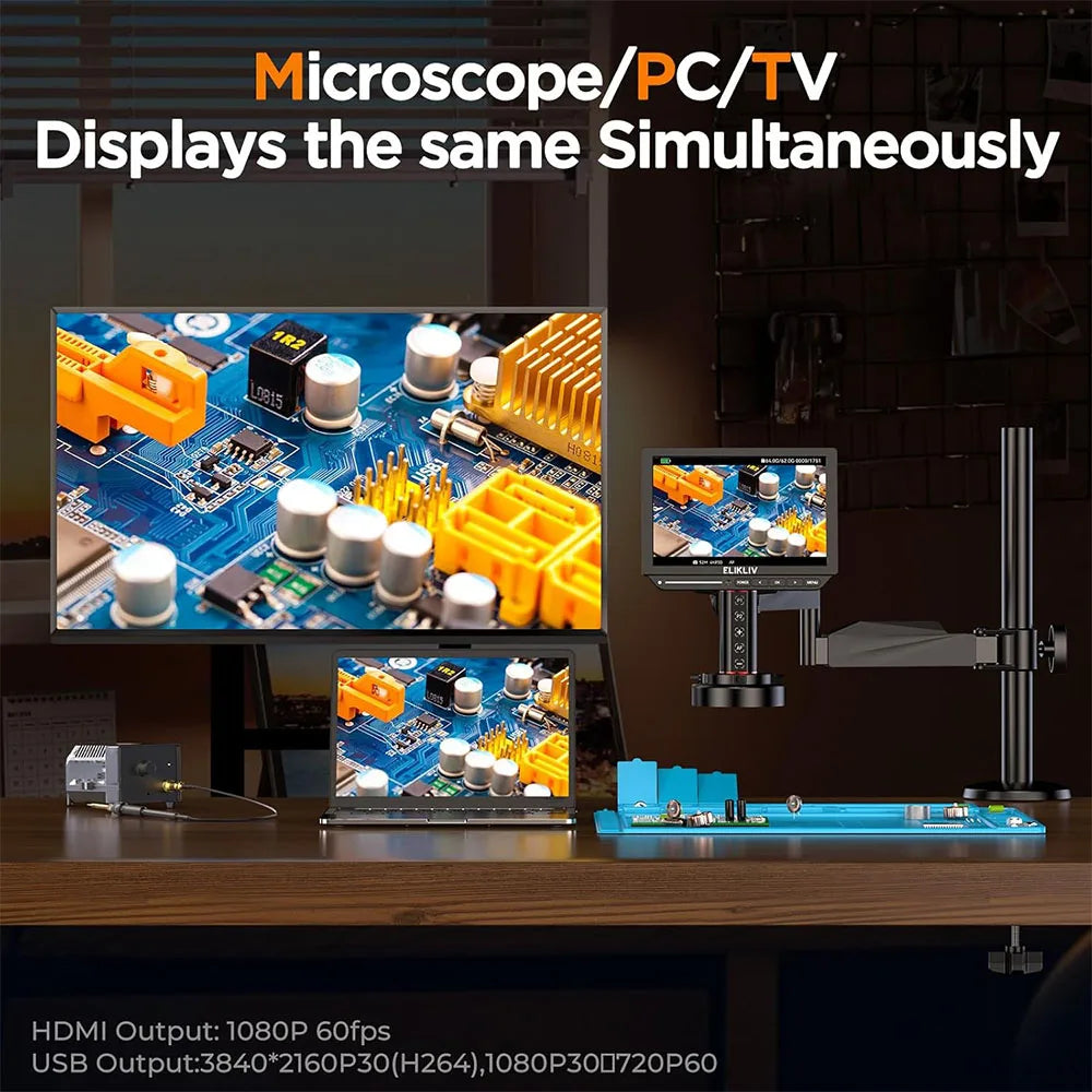 Elikliv EM4K-AF Flex 10.1'' Autofocus Digital Microscope 2000X with Arm HDMI 4K Soldering Microscopio for Electronics jewelry