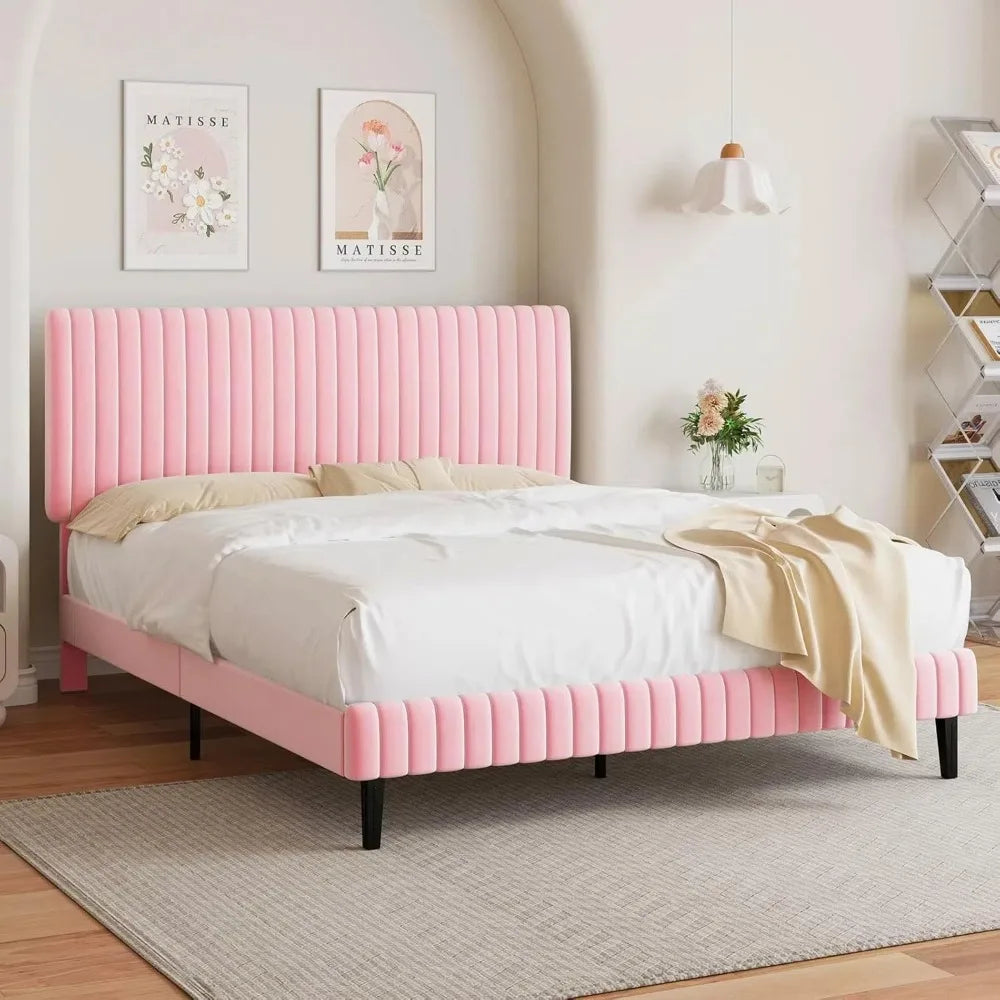 Queen Size Bed Frame with Headboard, Velvet Upholstered Platform Bed with Vertical Channel Tufted Design, No Box Spring Required