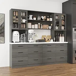 Large Garage Storage System with 12 Drawers, 94.5" W Glass Doors Workshop Cabinet Set with Thicken Countertop, Utility Bookshelf