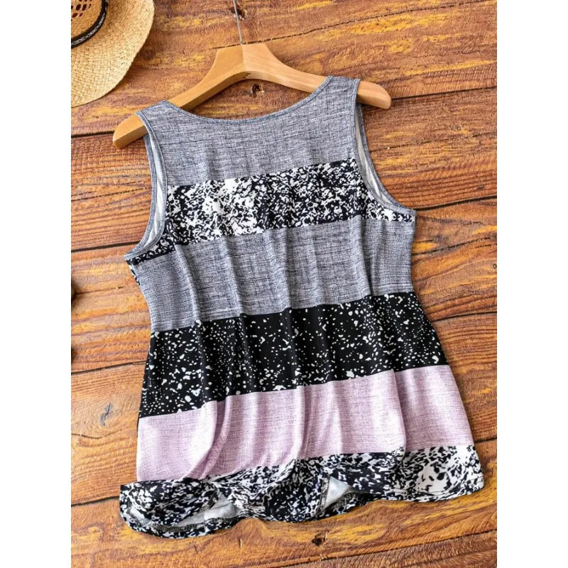 Plus Size 1XL-5XL Women's Summer New Casual and Fashionable Color Splicing Notch V-neck Sleeveless Vest