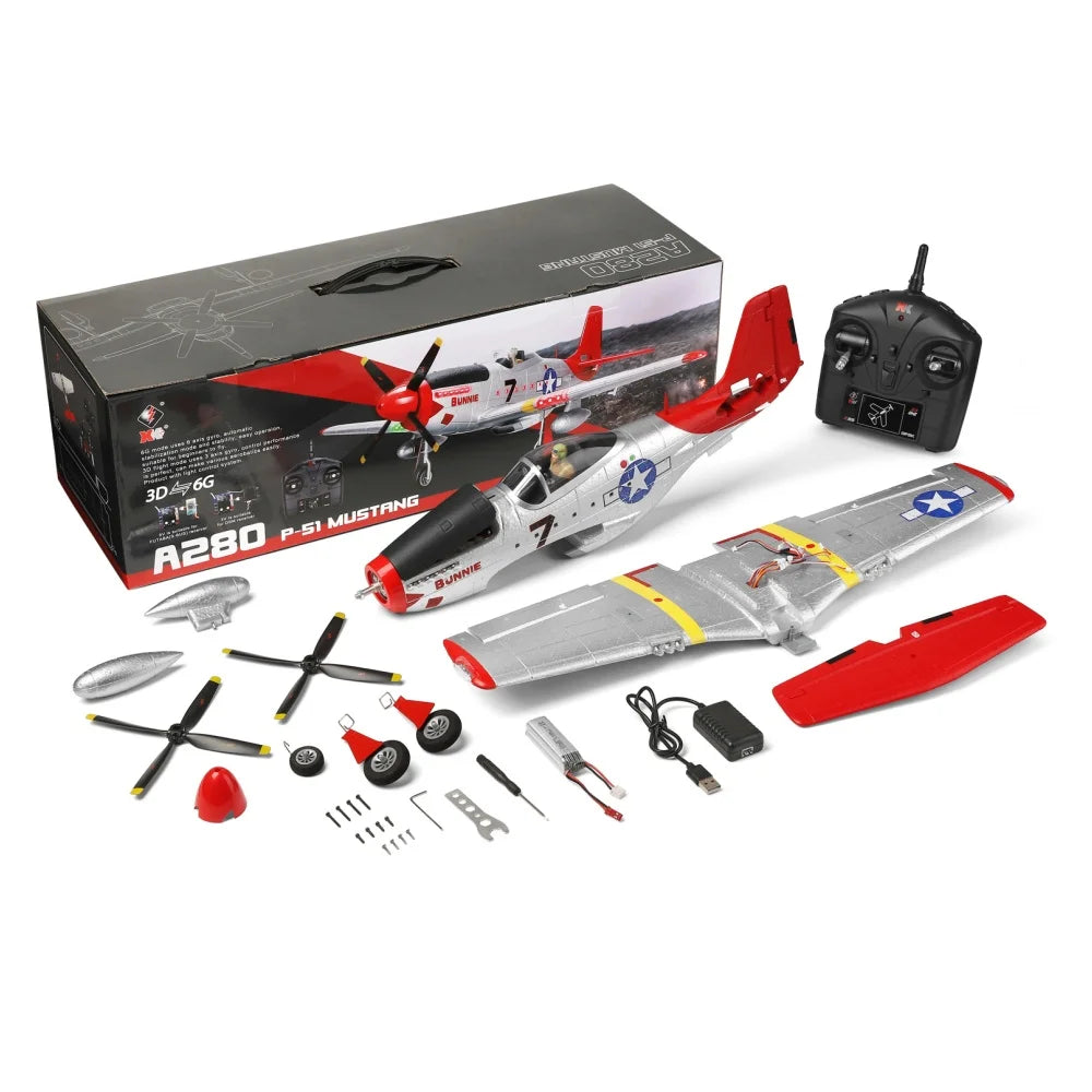 XK A280 P-51 3D/6G System 2.4GHz 4CH 560mm Wingspan EPP RC Airplane Fighter RTF With LED Lights Vehicles Toy Gift for Beginner
