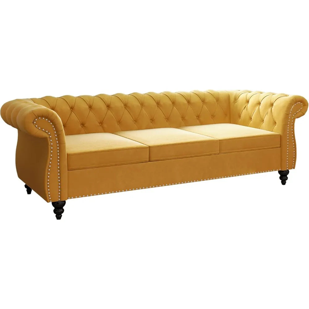 Chesterfield Sofa Velvet, Modern Tufted Couch 3 Seater with Rolled Arms and Nailhead for Living Room, Bedroom, Office, Apartment