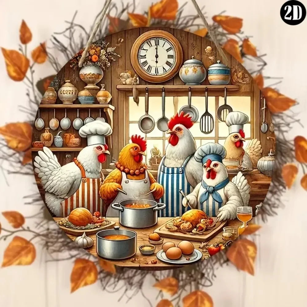 Wall Art,ChickenShield™ Country Kitchen Chickens Round Wall Sign | Weather - Resistant Material | Ornate Patterns | Versatile De