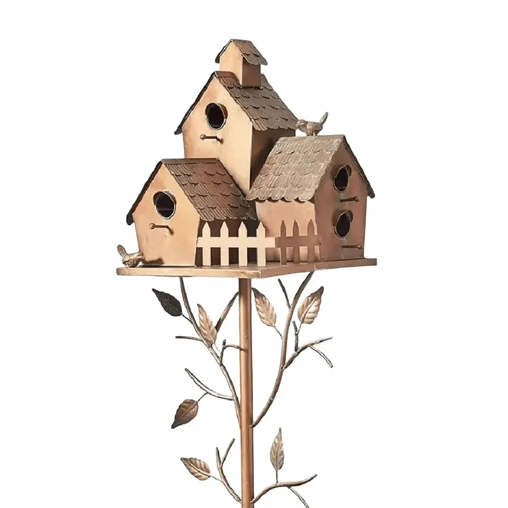 Sturdy Metal Birdhouse Garden Stake with Pole Waterproof Rustic Iron Decoration for Outdoor Garden Yard