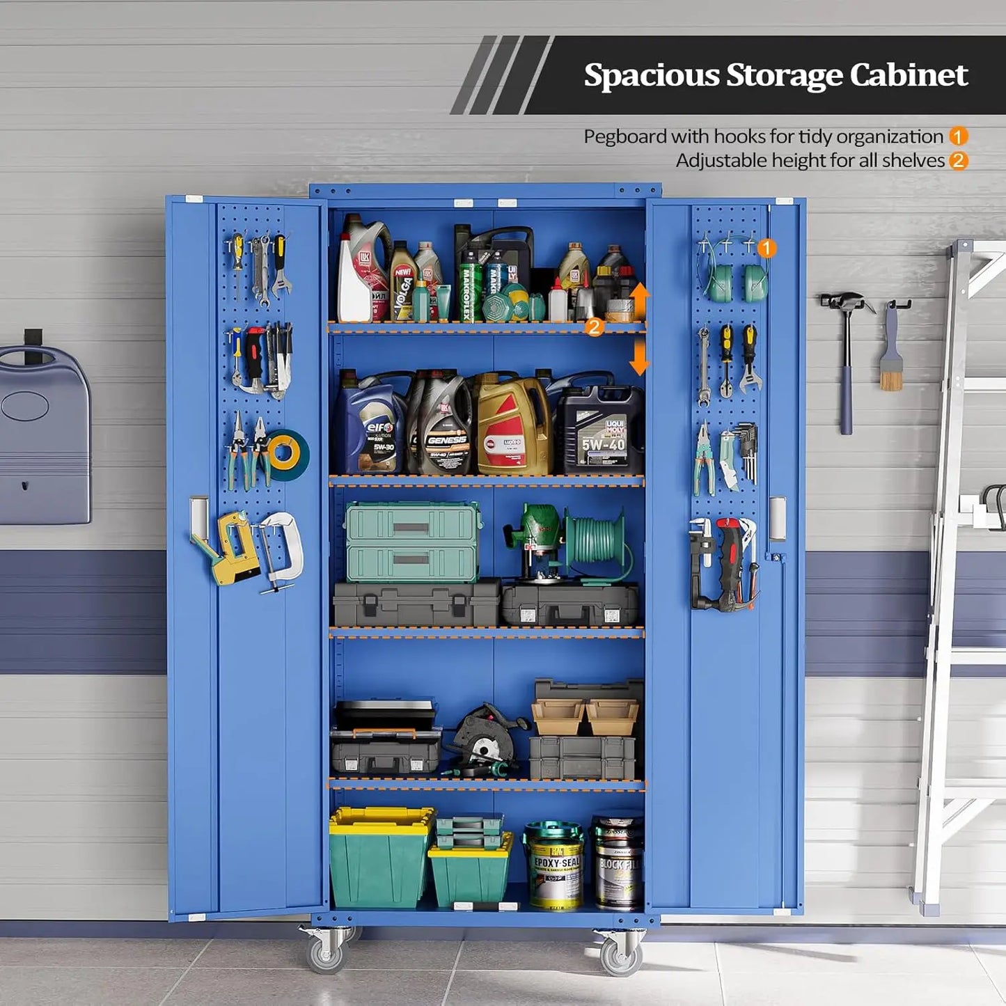 72'' Tall Metal Garage Storage Cabinet with Pegboards, Wheels, Locking Doors and Adjustable Shelves, File Cabinet