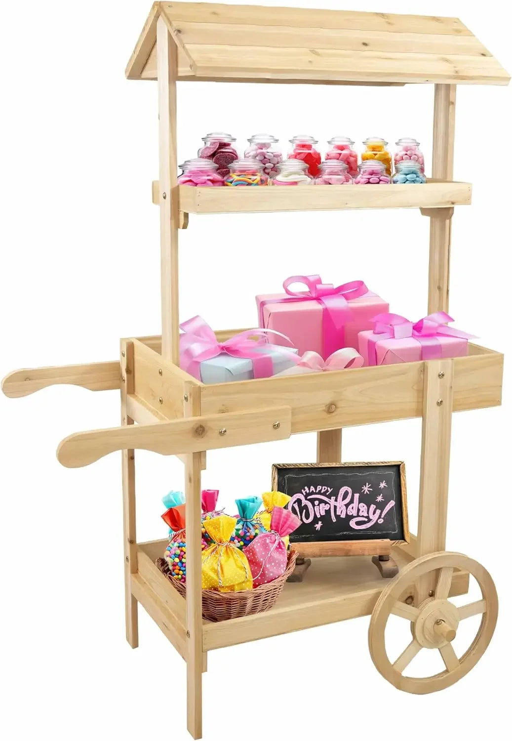 30 lb Weight Capacity Natural Fir Country Market Flower Cart Display Stand with Wheels 2 Shelve Fir Wood