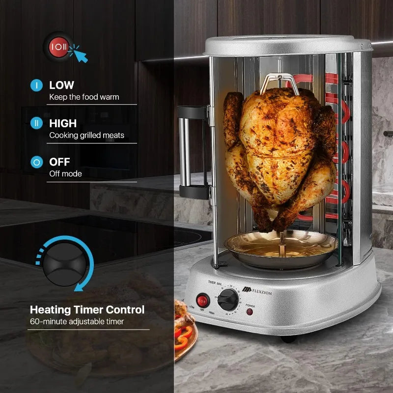Flexzion Vertical Rotisserie Oven Grill -Countertop Shawarma Machine Kebab Electric Cooker Rotating Oven,Stainless Steel Roaster